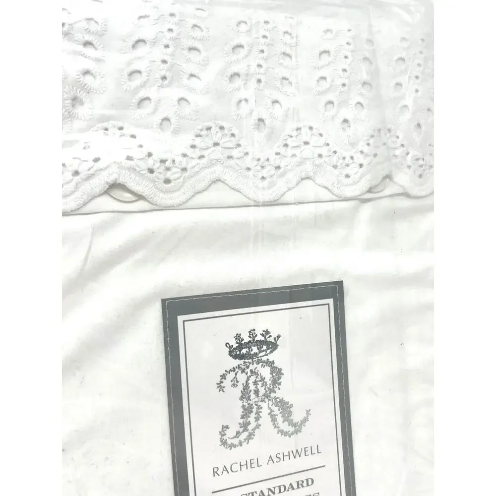 Rachel Ashwell Embroidered Eyelet Hem Standard PILLOWCASES White 100% Cotton NIP